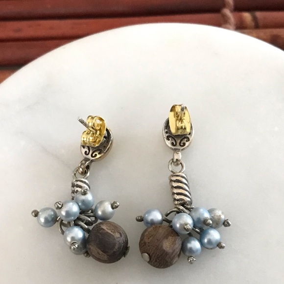 Brighton Dangle Faux Pearl & Wood Bead post Earrings - Picture 4 of 4